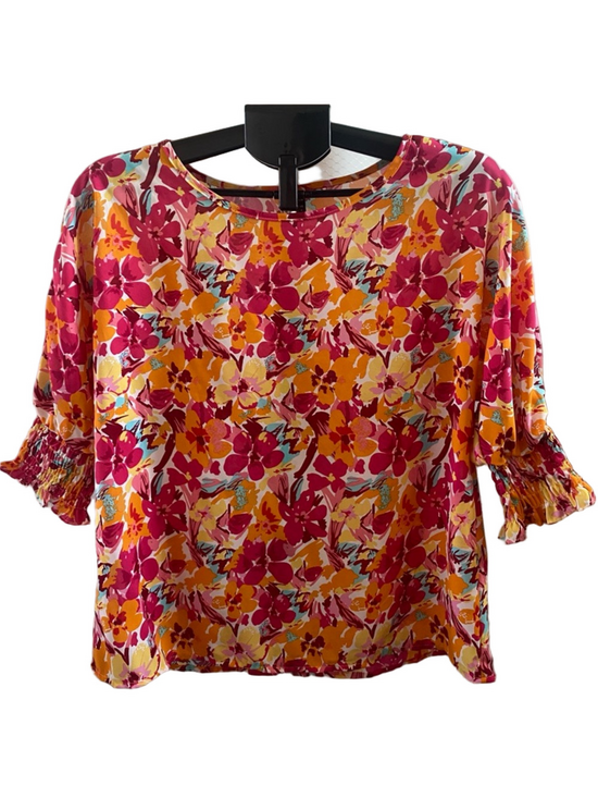 SHEIN Tops - SHEIN Pink & Yellow Floral Ruffle-Sleeve Blouse